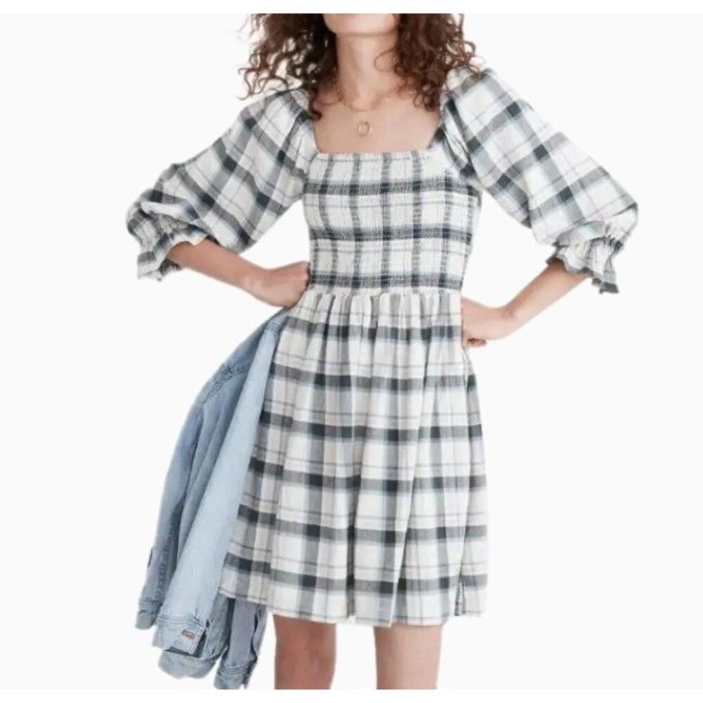 Madewell Women’s Dress Small Plaid 3/4 Sleeve "Lucie" Smocked Puff Sleeve Mini